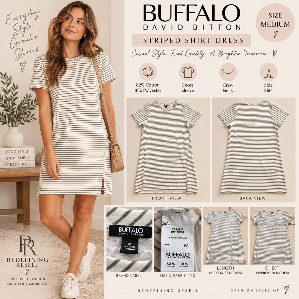 Buffalo David Bitton Striped T-Shirt Dress Medium White Olive Green Side Slits